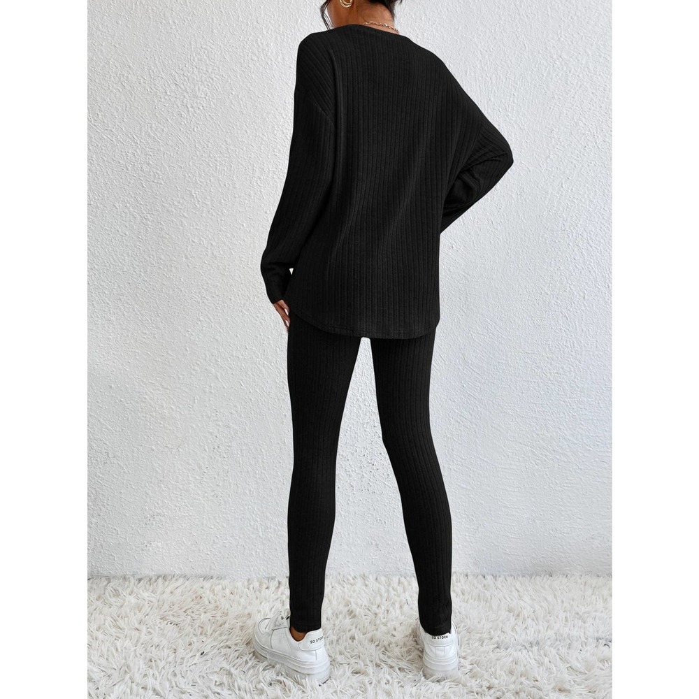 2 piece set long sleeve Tee & knit Leggings boho casual cream - Picture 9 of 11